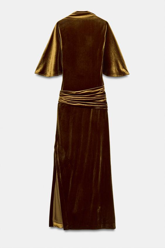 VELVET MIDI DRESS WITH SASH - Ochre by Zara - Image 0