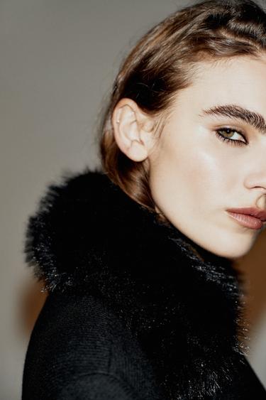 CROPPED WOOL COAT WITH FAUX FUR LAPEL - Black by Zara - Image 3