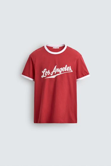 SLOGAN RIB T-SHIRT WITH CONTRASTING TRIM - Red by Zara