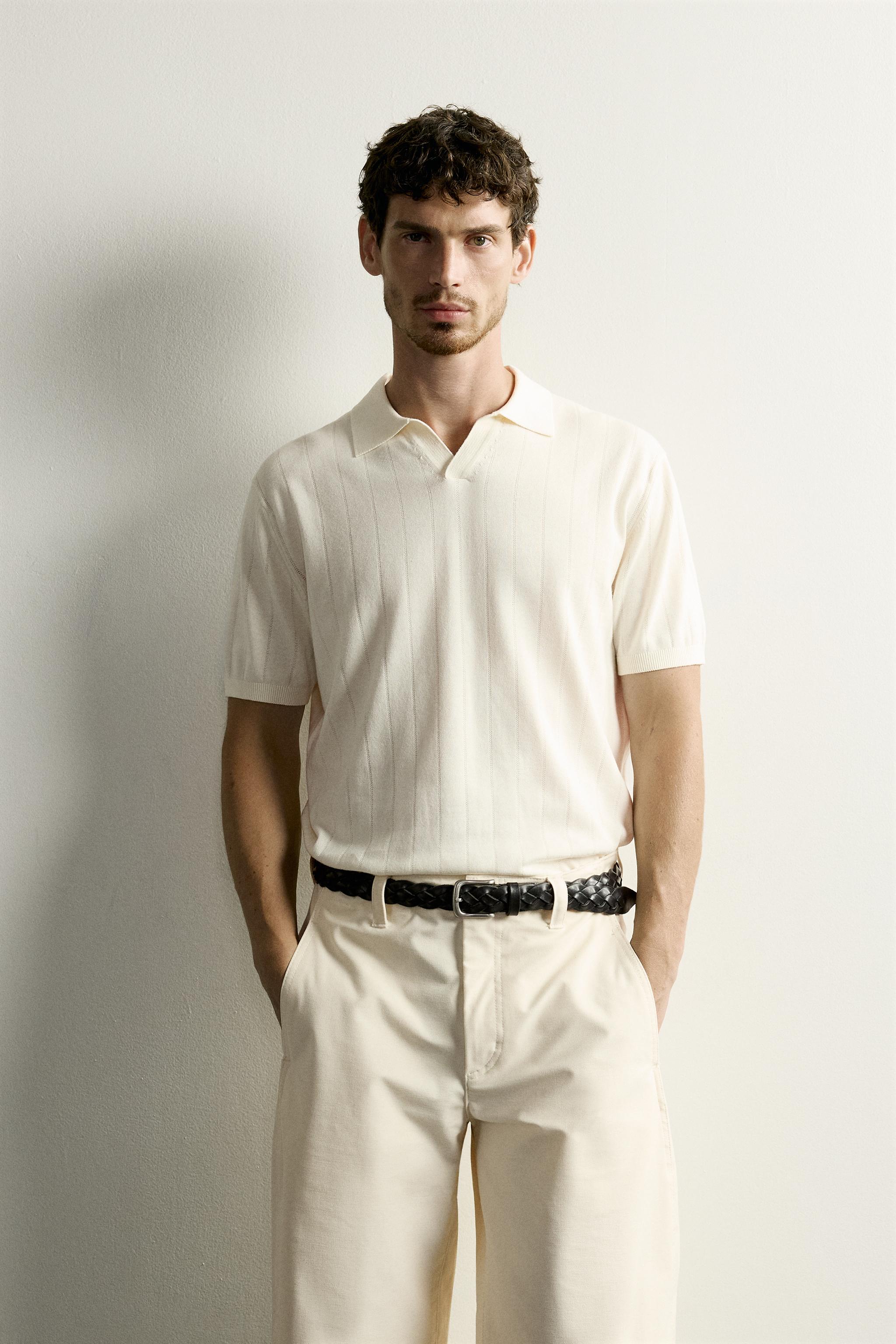 REGULAR FIT RIBBED KNIT POLO — Ecru