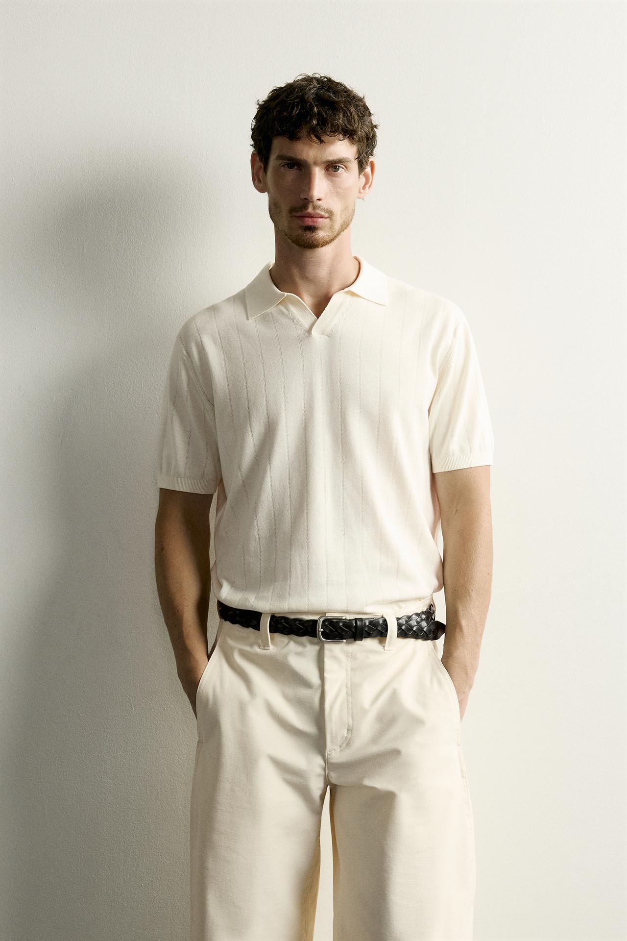 REGULAR FIT RIBBED KNIT POLO — Ecru