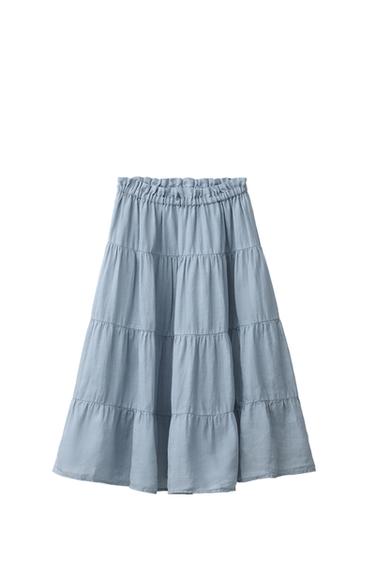 Zara 100% RAMIE TIERED MIDI SKIRT - Blue / Gray