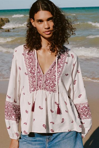 TASSELLED PRINT BLOUSE - bordeaux/ecru by Zara - Image 0