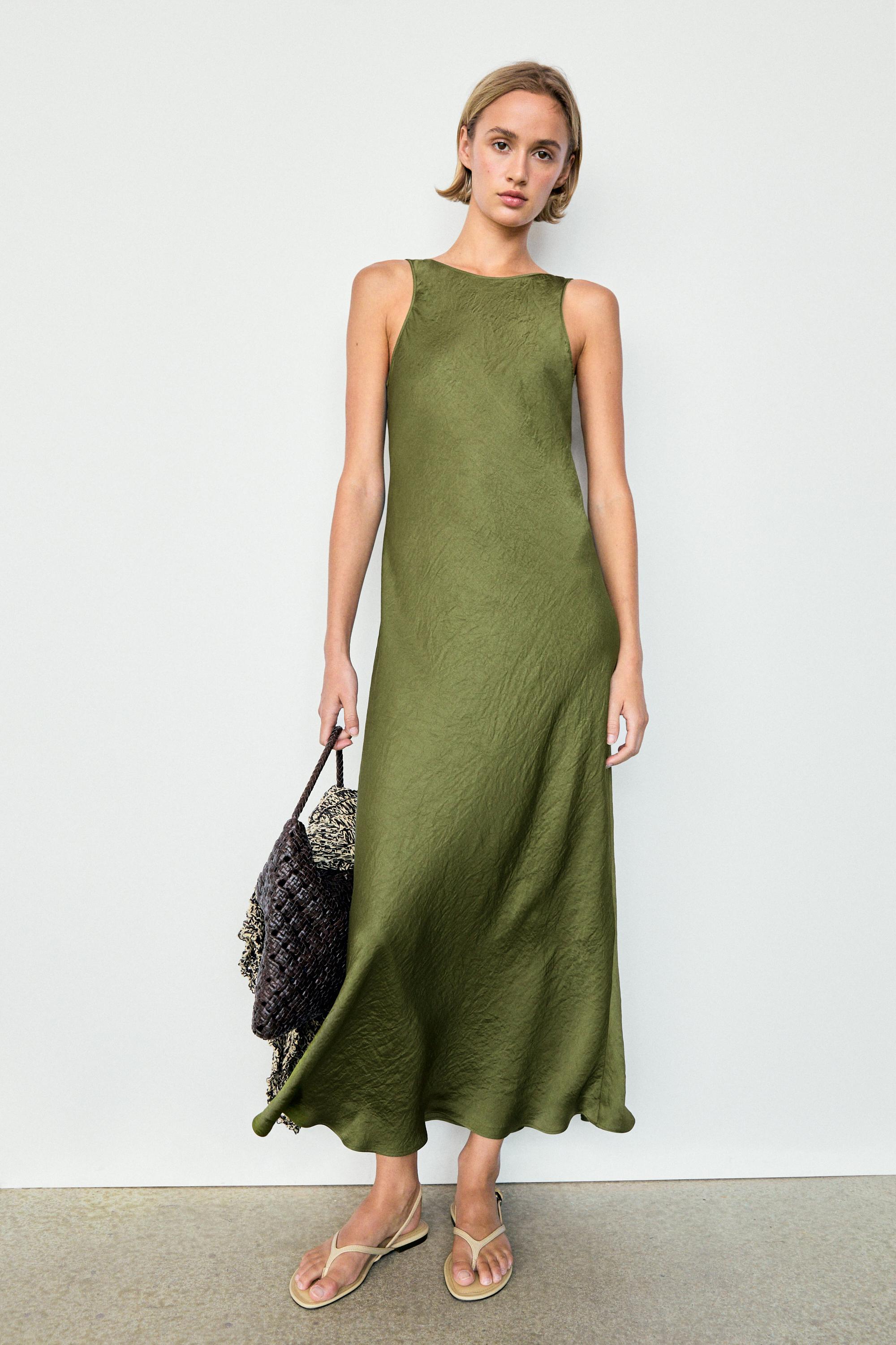 zara dark green midi dress Zara Satin Effect Midi Slip Green Draped Dress Size XS NWT Bloggers  Favourite