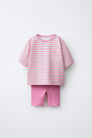 STRIPED T-SHIRT AND CYCLING LEGGINGS SET - Light fuchsia by Zara