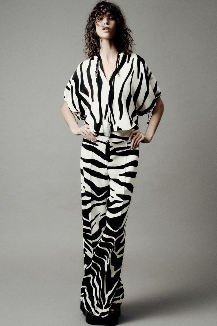 ZW COLLECTION ANIMAL PRINT TOP Ecru Black ZARA India