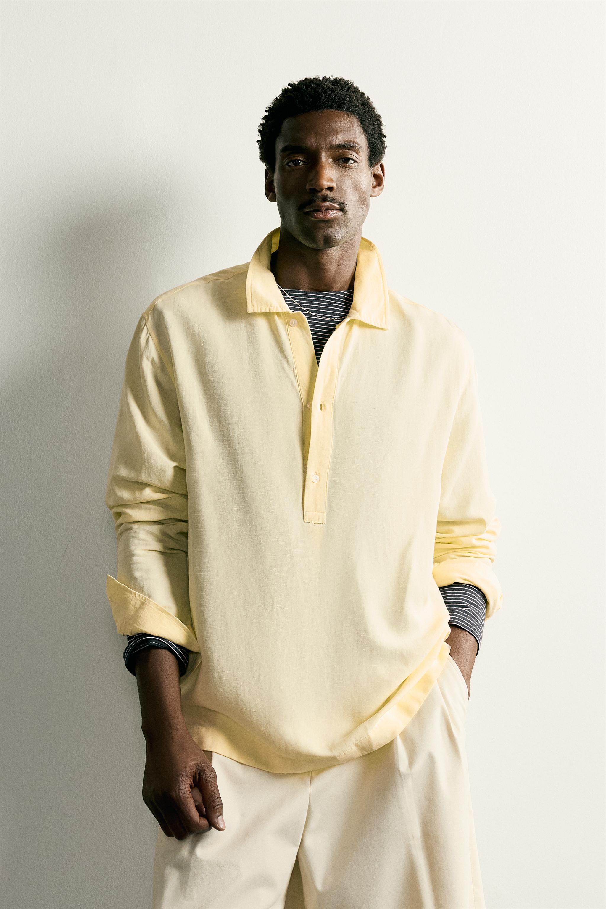REGULAR FIT VISCOSE-LINEN POLO SHIRT — Light yellow