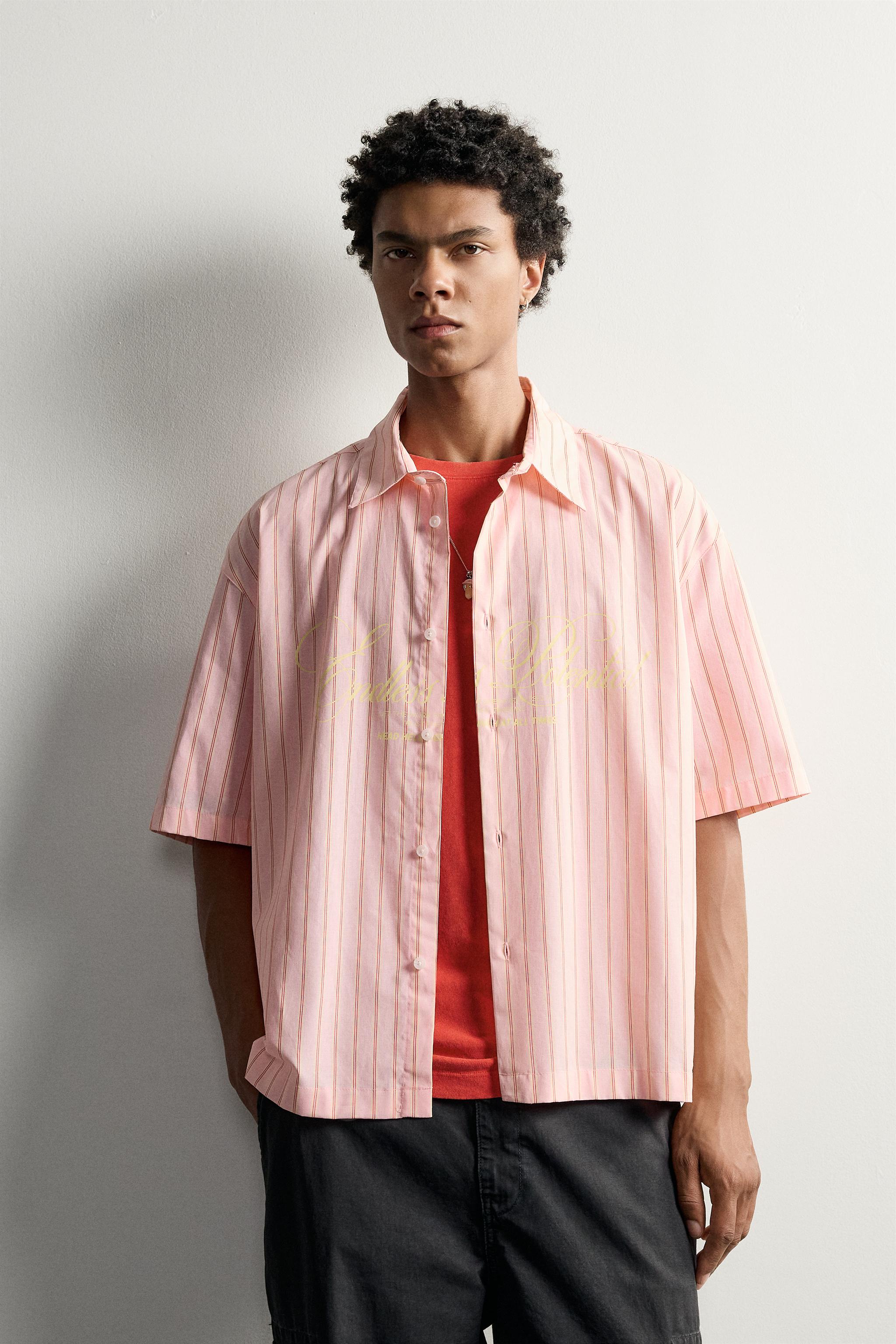 RELAXED FIT STRIPED TEXT SHIRT — Salmon