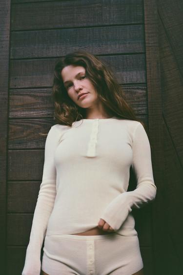 Zara COTTON BUTTON-UP T-SHIRT - Ecru - Image 0