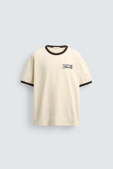 T-SHIRT WITH CONTRAST RIB AND SLOGANS - Light yellow by Zara