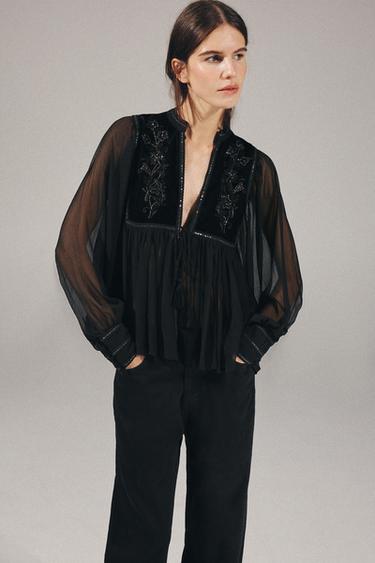 Zara COMBINED VELVET SEQUIN BLOUSE - Black