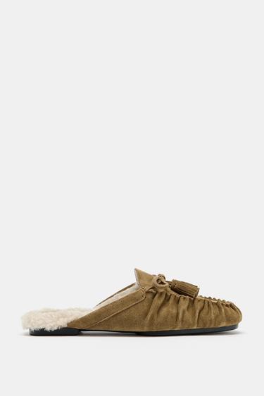 Zara SPLIT SUEDE OPEN BACK LOAFERS - Beige - Image 0