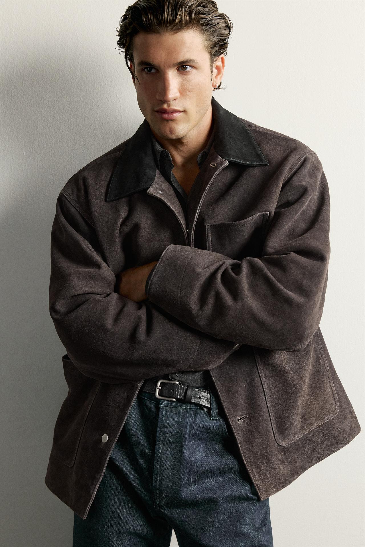 WASHED SUEDE LEATHER JACKET — Anthracite grey