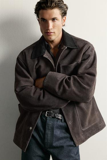 WASHED SUEDE LEATHER JACKET — Anthracite grey 1