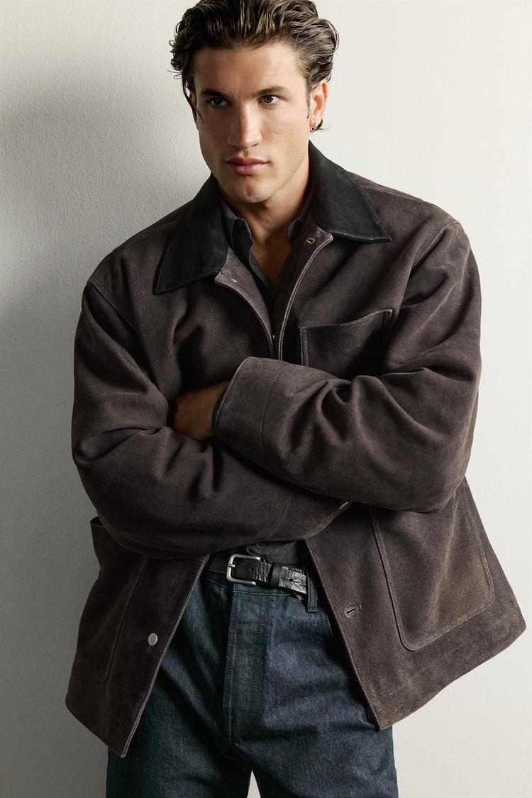 WASHED SUEDE LEATHER JACKET — Anthracite grey
