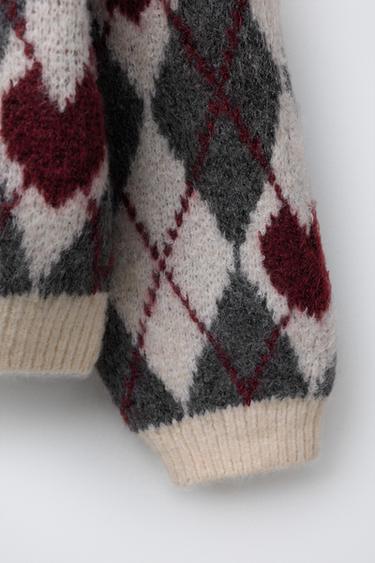 PULL EN MAILLE À LOSANGES ET CŒURS - Gris chiné de Zara - Image 3