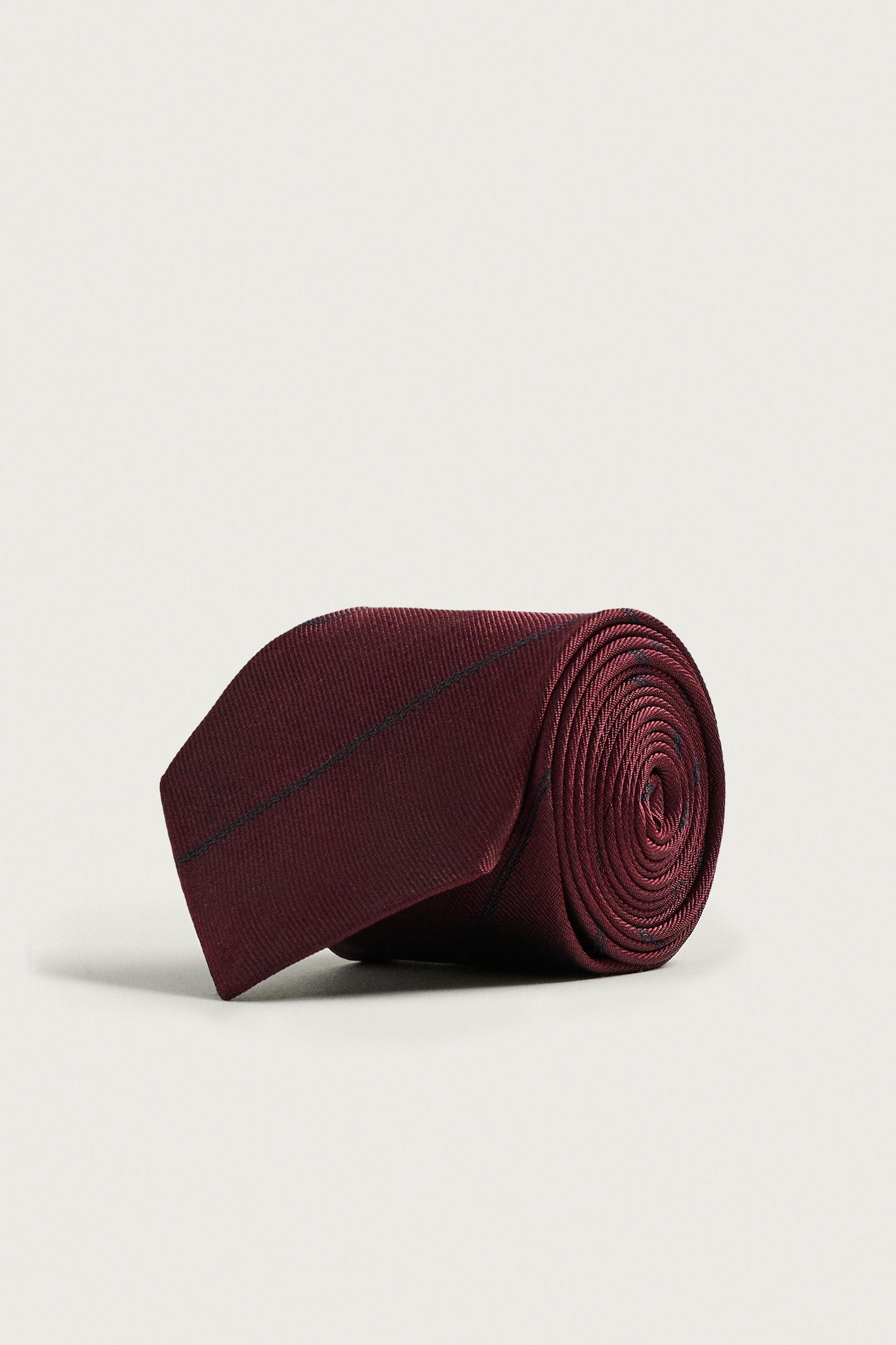 Мужской галстук Zara 100% Silk Striped Tie, цвет: Тёмно-бордовый — фото 2