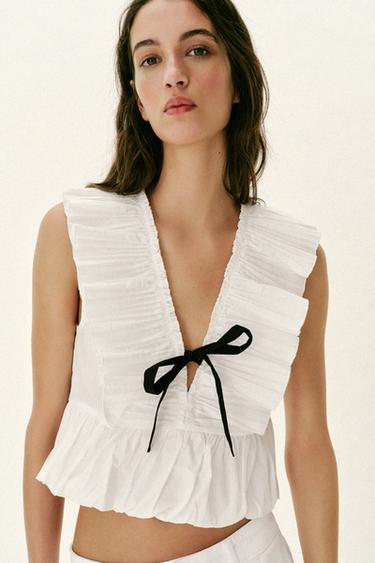 TOP VOLANT PLISSÉ ET NŒUD - Blanc de Zara - Image 1