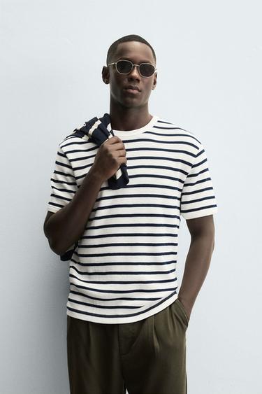 Zara WAFFLE WEAVE T-SHIRT - Ecru / Navy