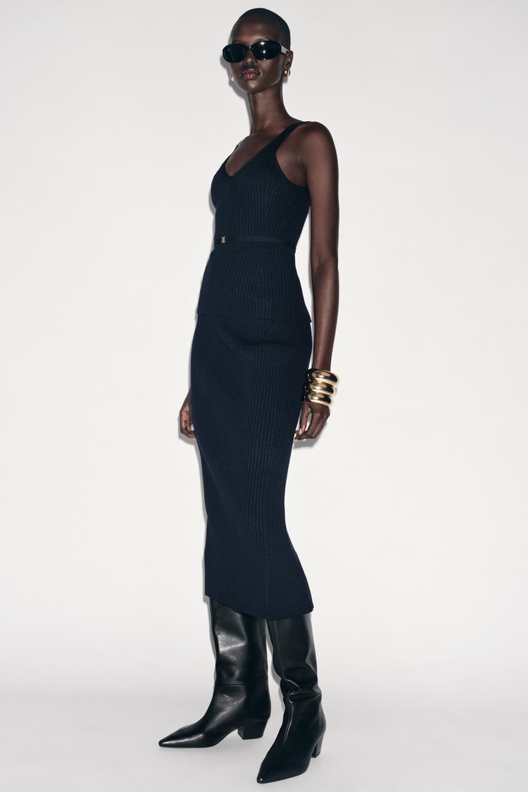RIB KNIT MIDI SKIRT Navy blue ZARA Ireland