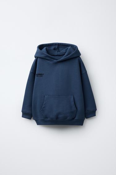 Zara FLOCKED TEXT DETAIL HOODED SWEATSHIRT - Bluish