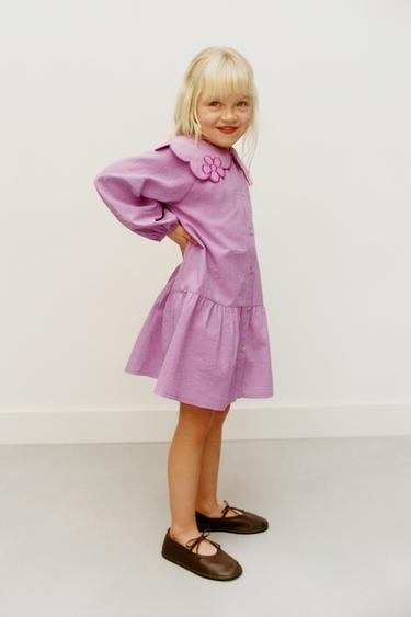 GINGHAM DRESS WITH PETER PAN COLLAR AND EMBROIDERED FLOWERS - Lilac by Zara