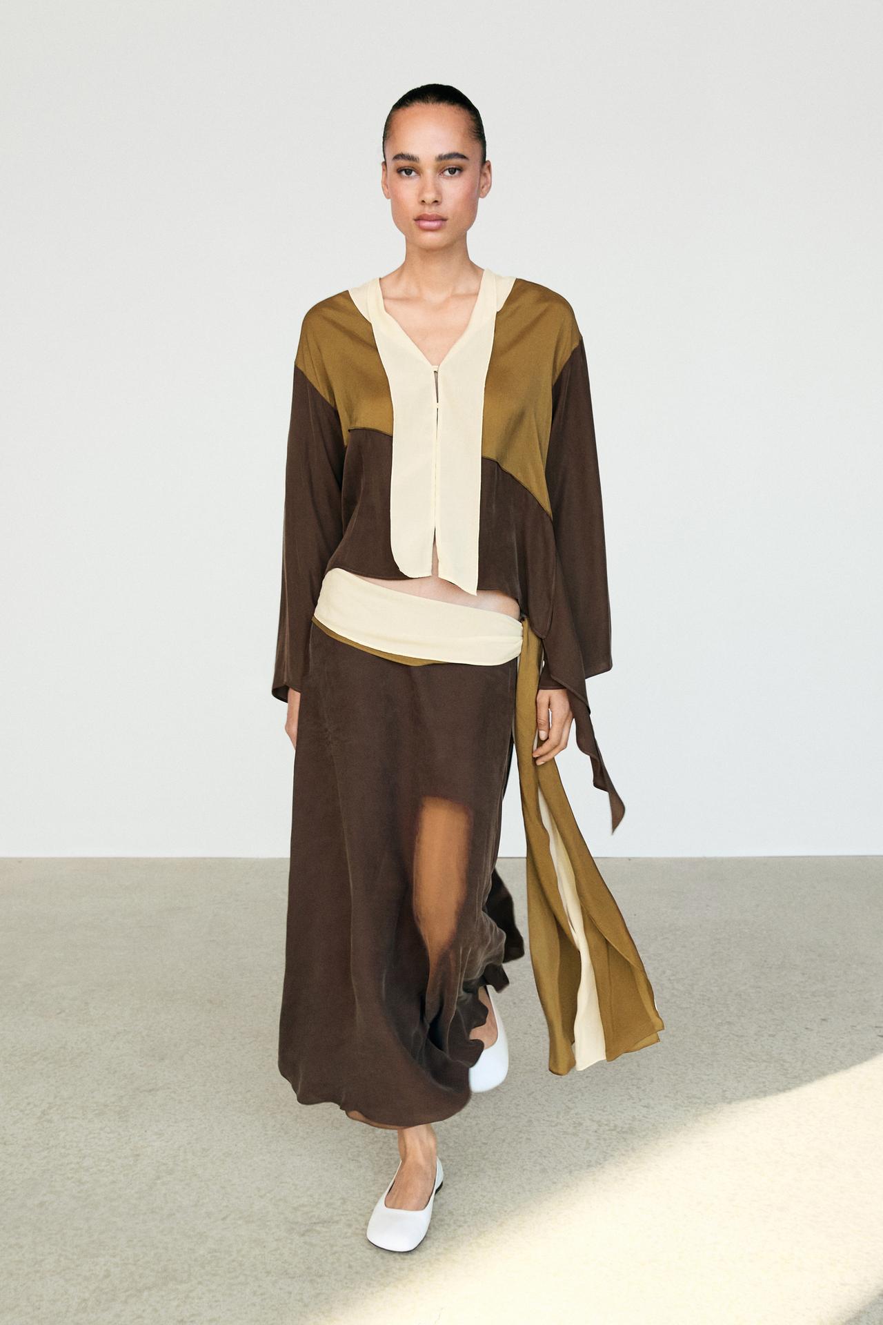 Contrast Ruffle Midi Skirt — Brown