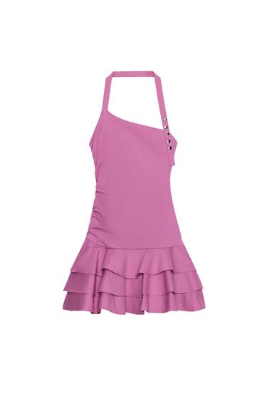 POPLIN HALTERNECK RUFFLE DRESS