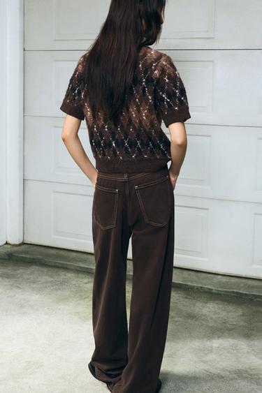 Zara TRF 高腰直筒牛仔褲 - 棕色