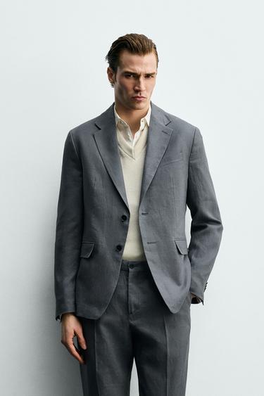 Zara 100% LINEN SUIT JACKET - Blue / Gray