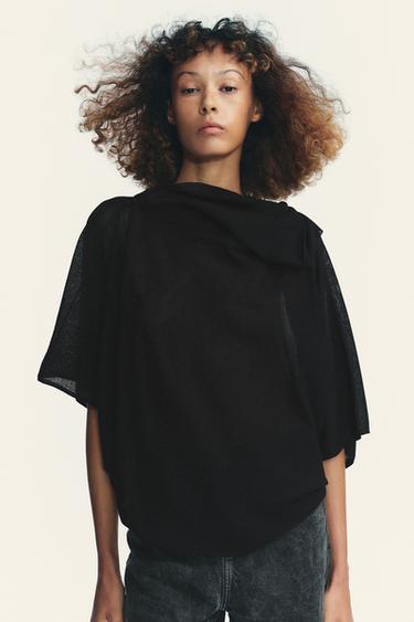 Zaras KORTÄRMAD ENFÄRGAD TRÖJA - Svart