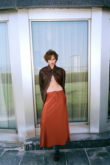 SATIN MIDI SKIRT - Red / Orange by Zara - Image 0