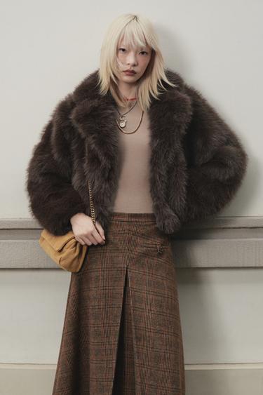 Zara 短版人造皮草大衣 - 雪茄色