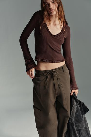 RUFFLED LONG SLEEVE TOP - Brown by Zara - Image 2
