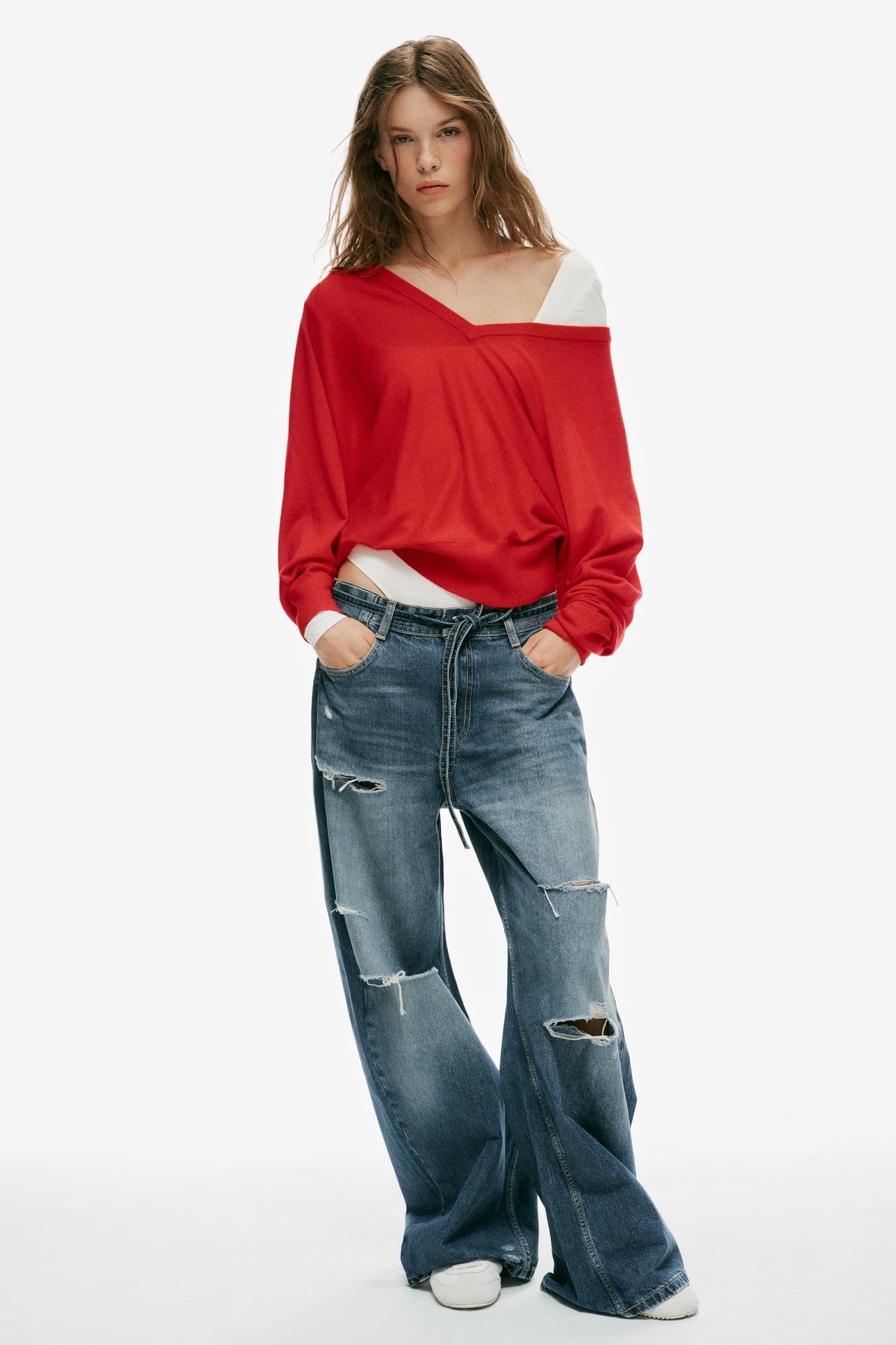 TRF MID-RISE BAGGY BELTED RIPPED JEANS — Navy blue