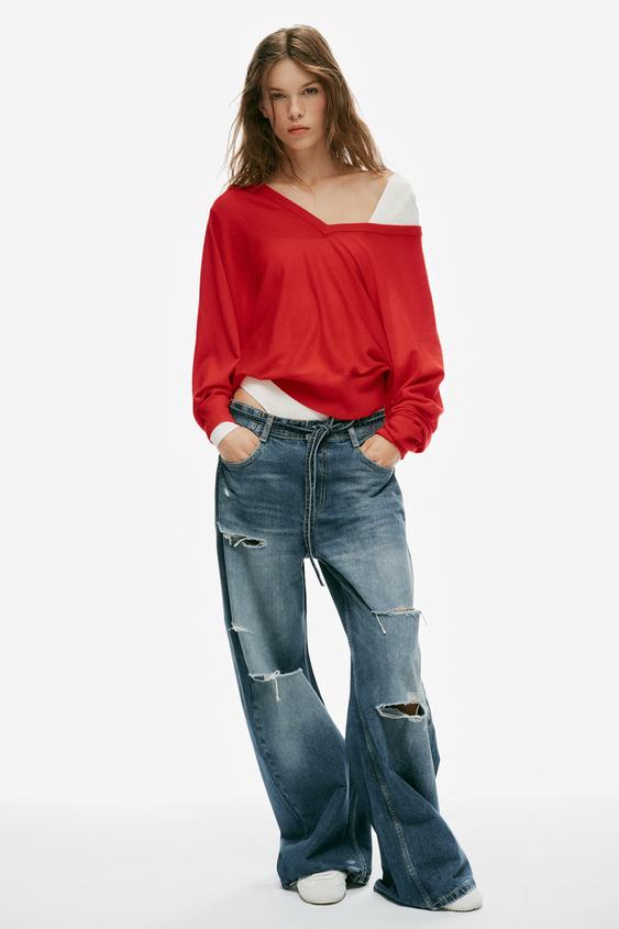 JEANS TRF BAGGY CU CORDON ȘI RUPTURI, TALIE MEDIE - Bleumarin de la Zara - Imaginea 0