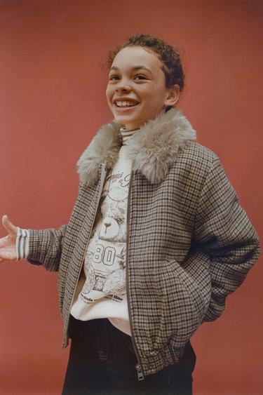 CHECKED BOMBER JACKET WITH FAUX FUR COLLAR - Light beige by Zara