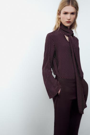 PRINTED BLOUSE WITH BOW ZW COLLECTION - Burgundy by Zara - Image 0