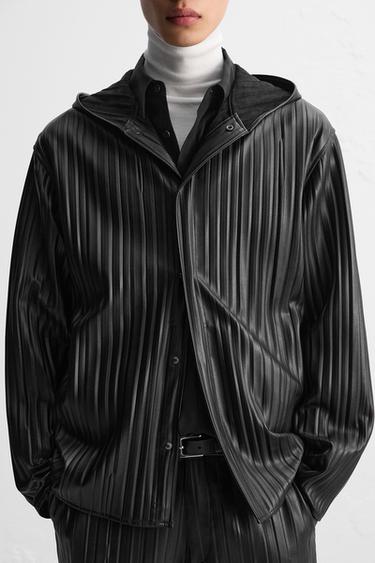 Zara FAUX LEATHER PLEATED OVERSHIRT - Black