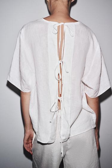 Zara ZW COLLECTION LINEN TIE TOP - White
