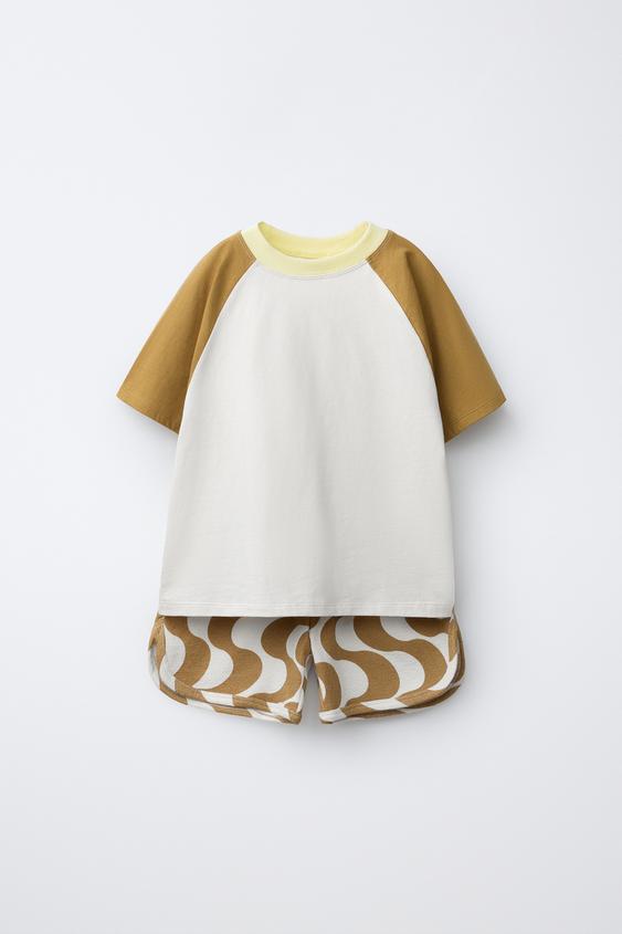 COLOUR BLOCK T-SHIRT AND WAVE BERMUDA SHORTS SET - Yellow by Zara - Image 0