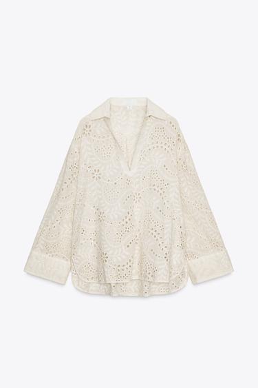 قميص بتطريزات مخرمة ZW COLLECTION - مِحْمر الخاص بـ Zara