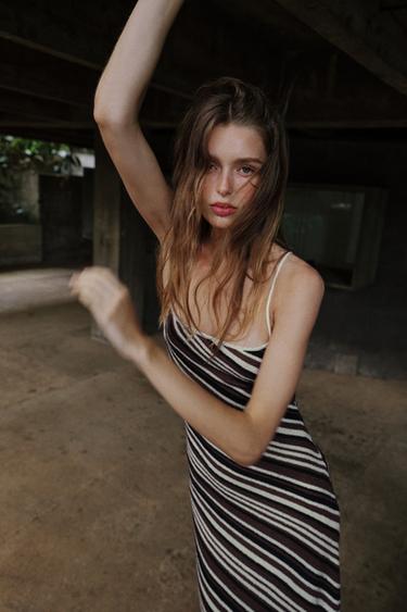 STRIPED RUSTIC MIDI DRESS - Black / Brown by Zara - Image 4