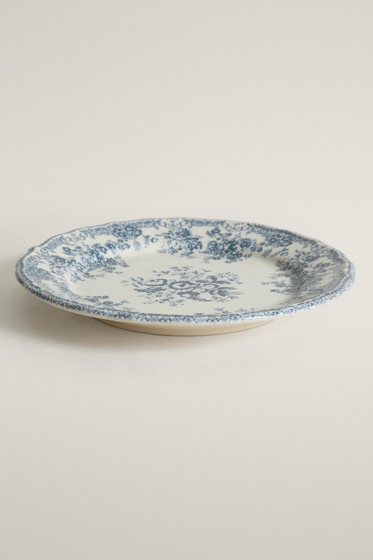 FLORAL EARTHENWARE DESSERT PLATE — Blue