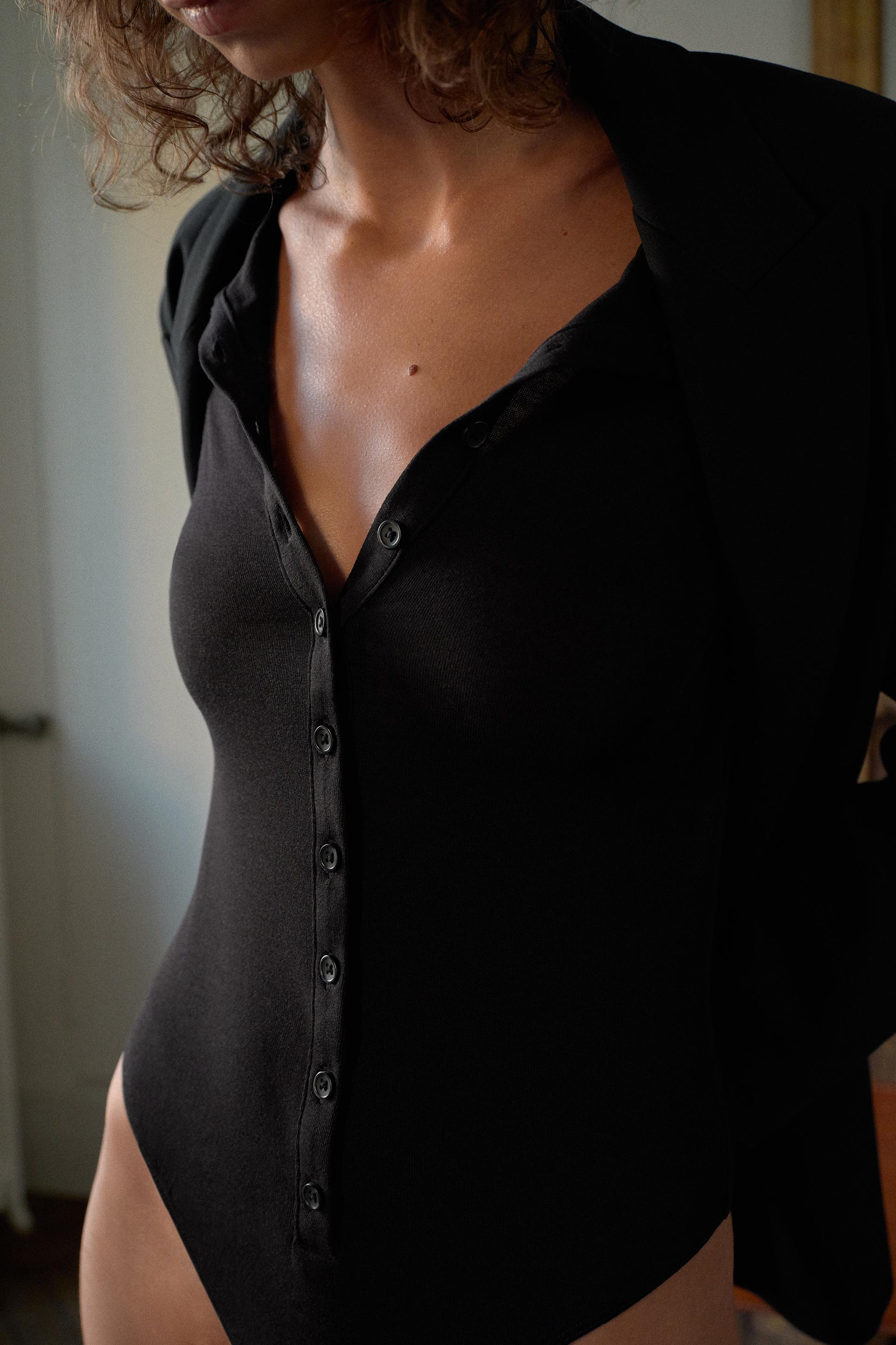 Zara Trafaluc Black Lace Bodysuit V-Neck One-Piece Medium Sheer