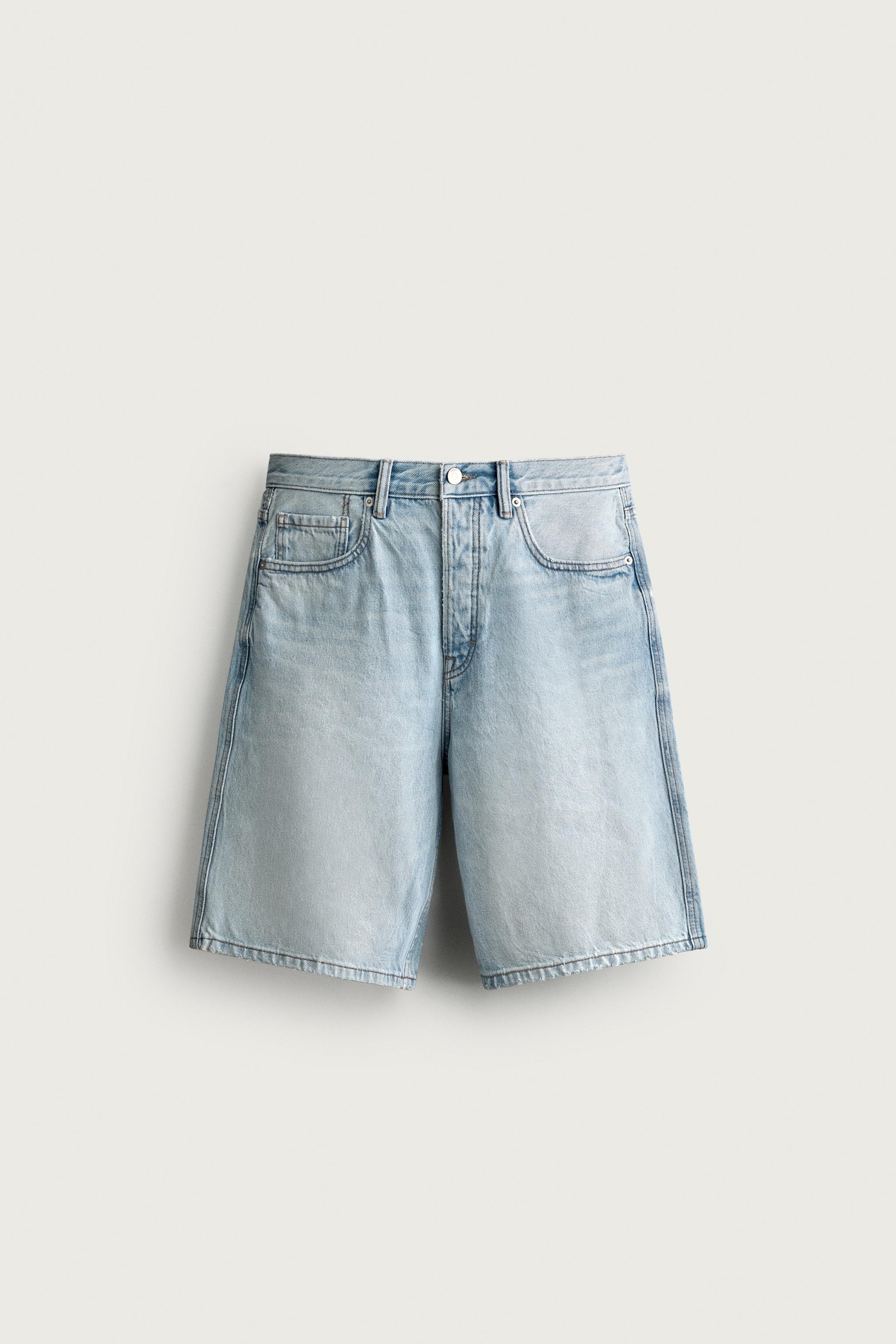 STRAIGHT FIT DENIM SHORTS — Light blue