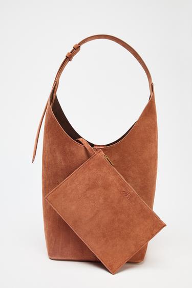 Zara LEATHER MAXI BUCKET BAG WITH HANDLE DETAIL - Orange