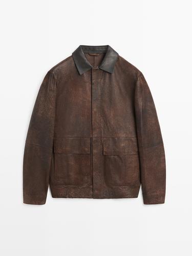 Veste contrastante en cuir finition daim - Marron de Zara