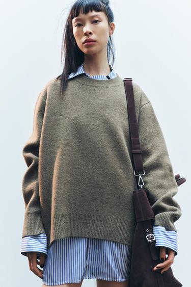 Zara OVERSIZED WOOL BLEND KNIT SWEATER - Brown / Taupe
