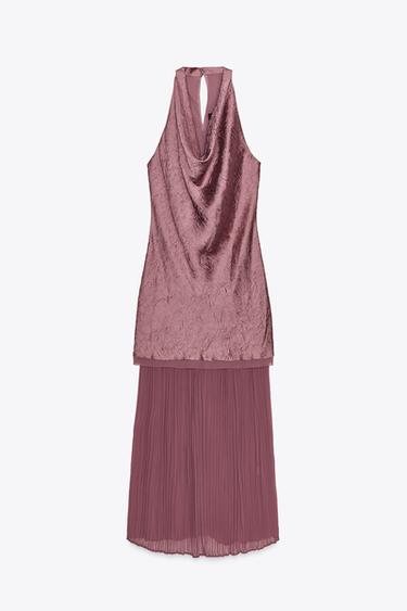 Zara PLEATED COMBINATION MIDI DRESS - MARSALA